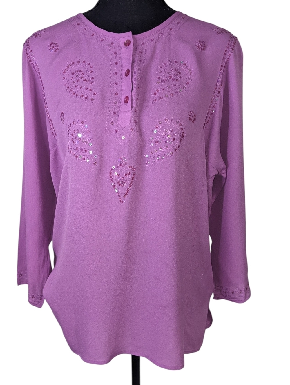 Vintage Silk Sequinned Bianca Nygard Lavender Henley Tunic - Women Size 16